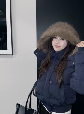 aassss 菲奥娜 三星90安心绒 藏青加厚羽绒服外套女短款冬季毛领