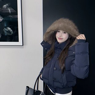 aassss 菲奥娜 三星90安心绒 藏青加厚羽绒服外套女短款冬季毛领