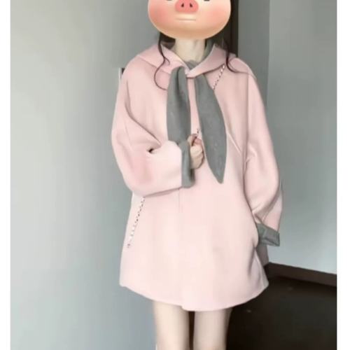 Acaine粉色连帽双面羊毛大衣女2025冬季韩系甜美羊绒呢子毛呢外套