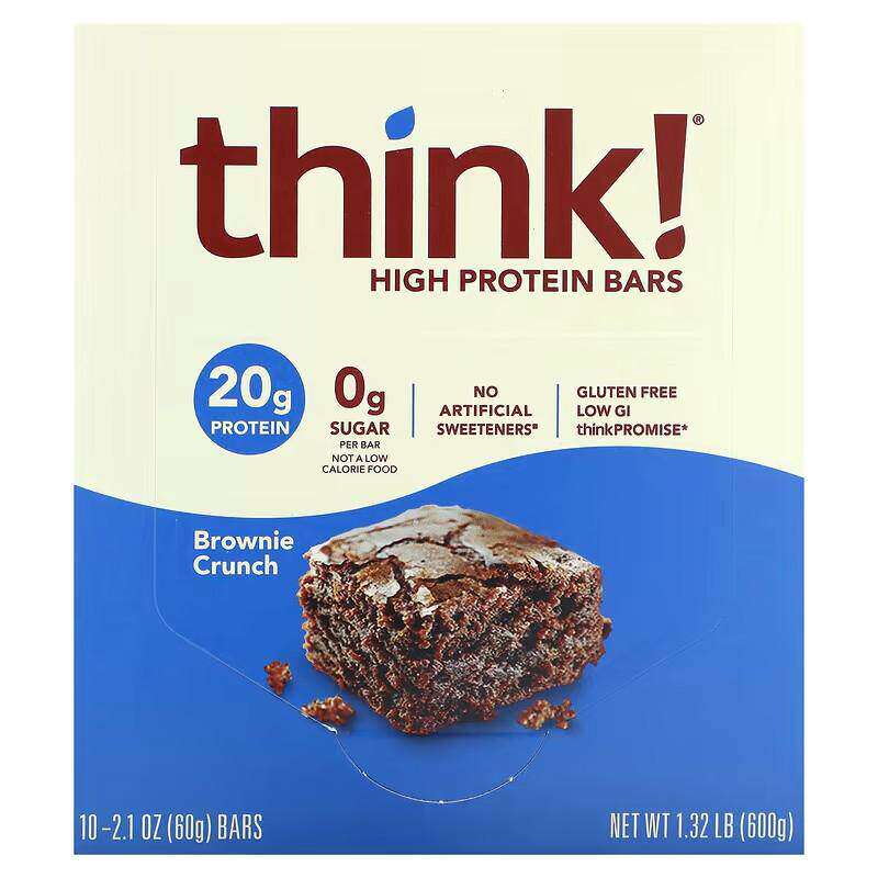 美国Think 巧克力蛋白棒10条巧克力布朗尼坚果花生酱低糖糖无麸质
