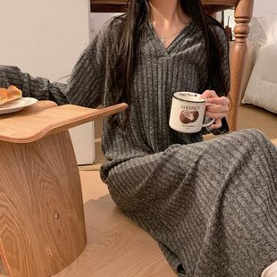 睡衣布睡裙女 季 2024秋冬毛深灰ins风家居服针织款 新款 长裙磨长袖