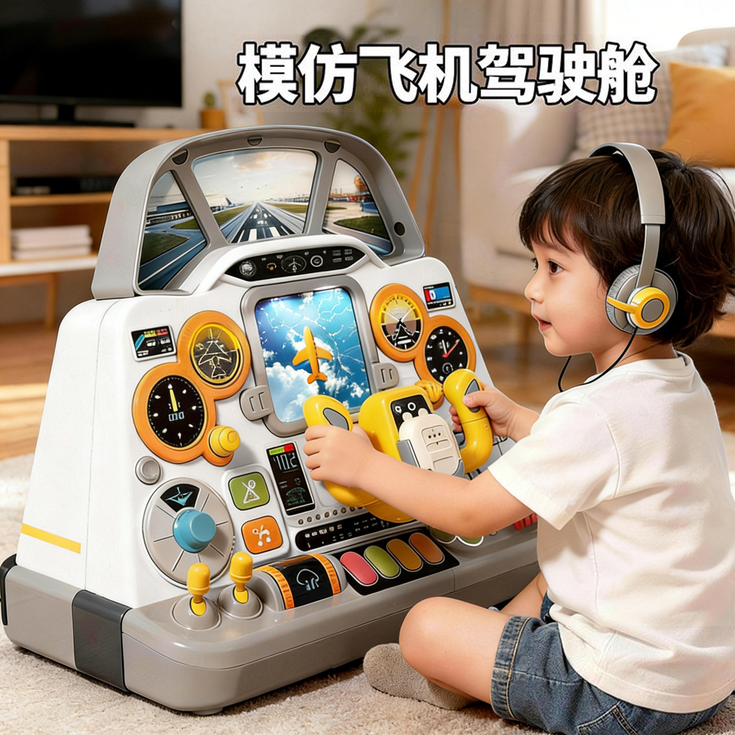 儿童模拟飞机驾驶舱方向盘多功能声光游戏桌中控台操作台益智玩具
