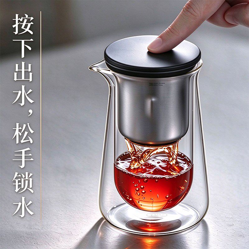 适放磁吸无柄飘逸杯玻璃新款高端泡茶壶茶水分离一键过滤神器茶具