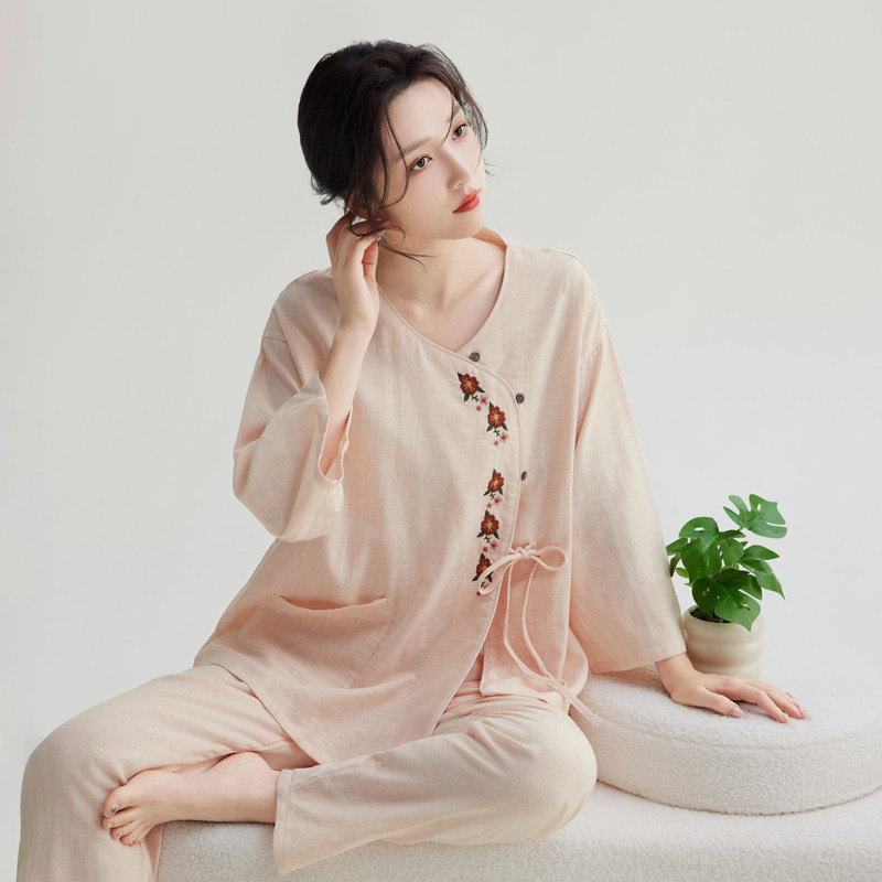 新中式春秋季薄款纯棉双层纱布睡衣女九分袖宽松可外穿家居服套装