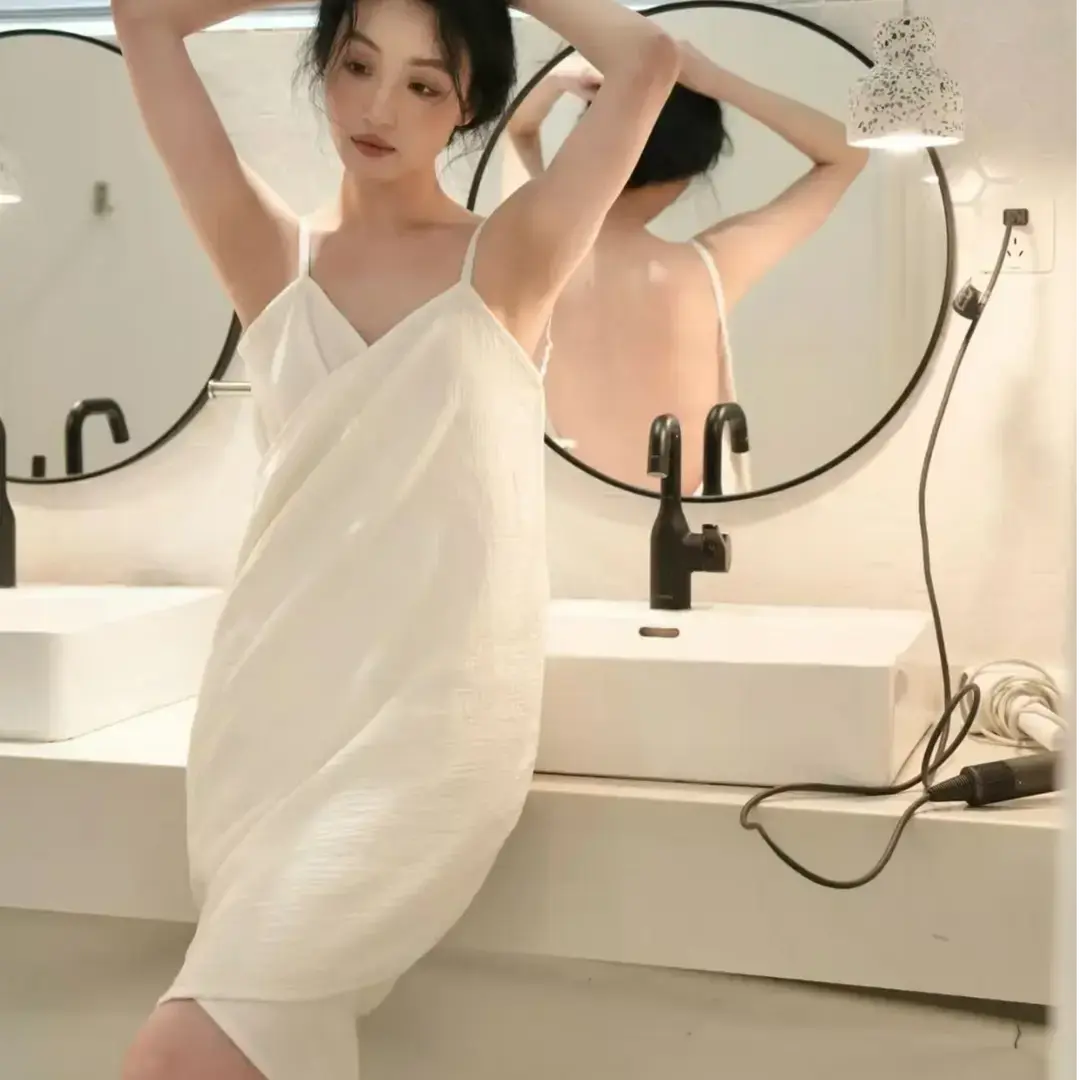 法式多层棉纱纯棉浴巾裙吊带裙吸水亲肤睡裙肩带可调浴裙睡衣露背