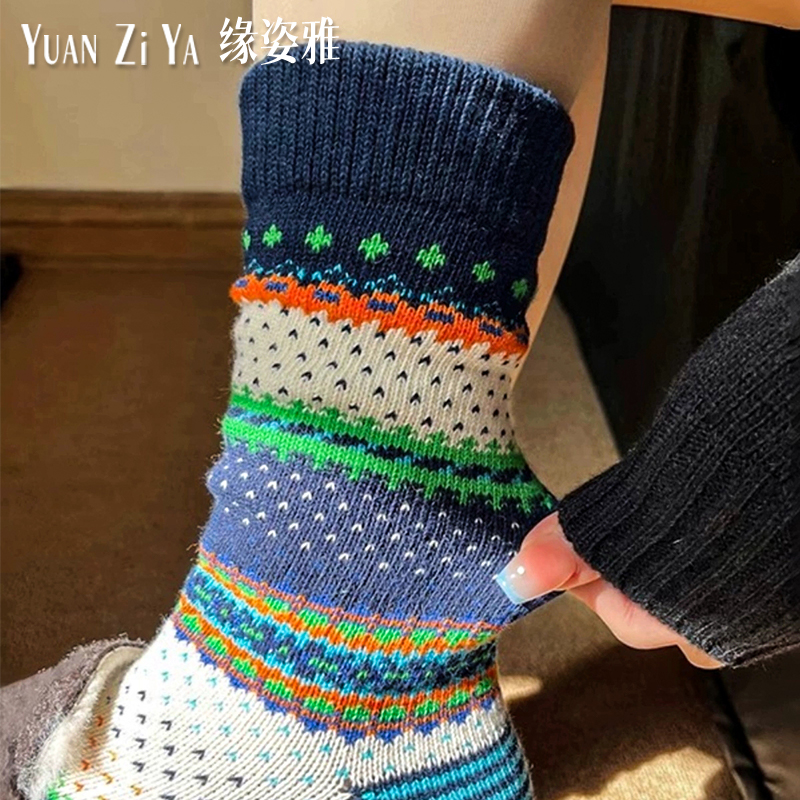 复古民族风粗线咔叽街头风堆堆袜