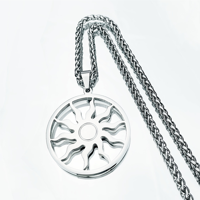 POYO简约风镂空火焰太阳项链嘻哈街头潮男时尚个性钛钢吊坠配饰品