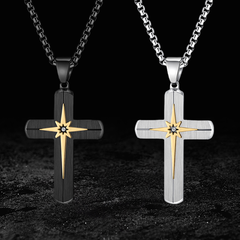 轻奢极简钛钢镶锆石星芒十字架吊坠时尚简约男女个性小众设计项链