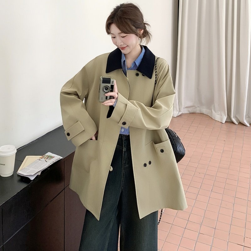 韩系高级感撞色翻领风衣外套女2025年秋季新款休闲小个子短款大衣