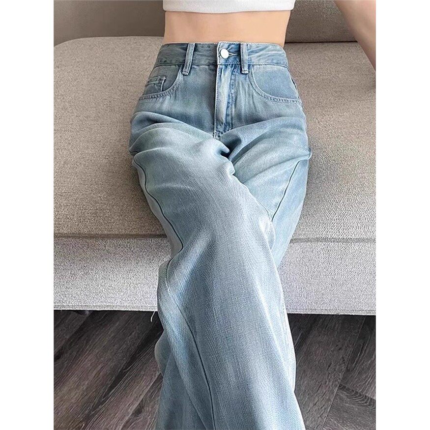 莱赛尔天丝牛仔裤女夏季薄款梨形身材大码宽松显瘦冰丝直筒阔腿裤