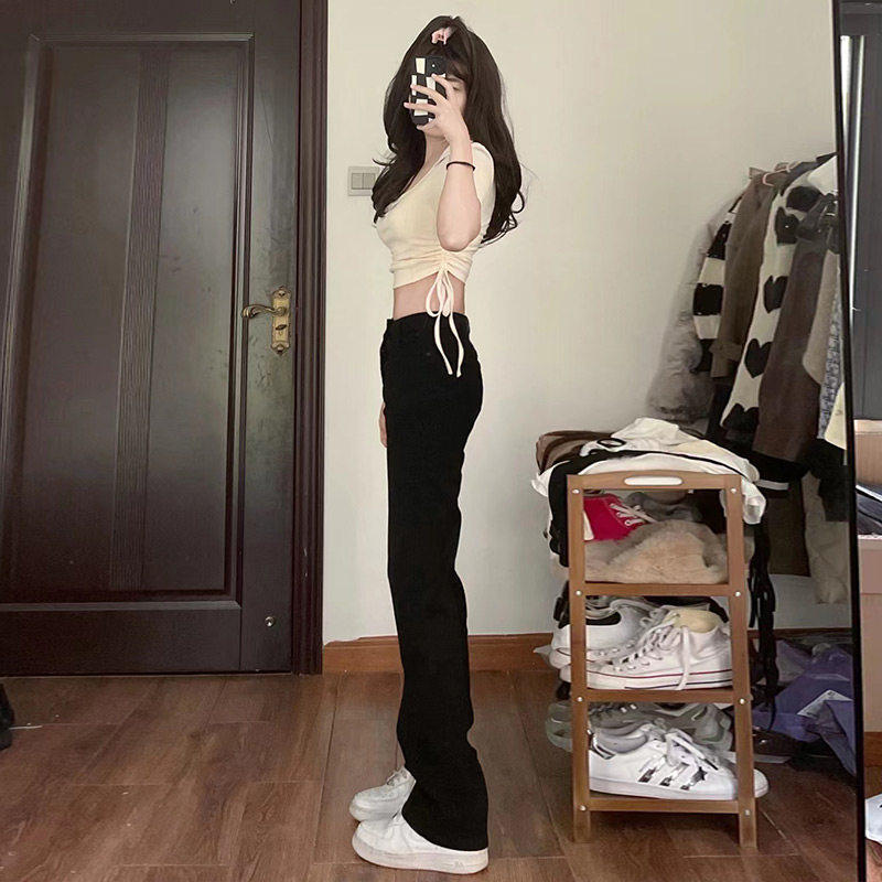 黑色高腰直筒牛仔裤女2026年春夏新款修身小个子烟管堆堆窄版裤子
