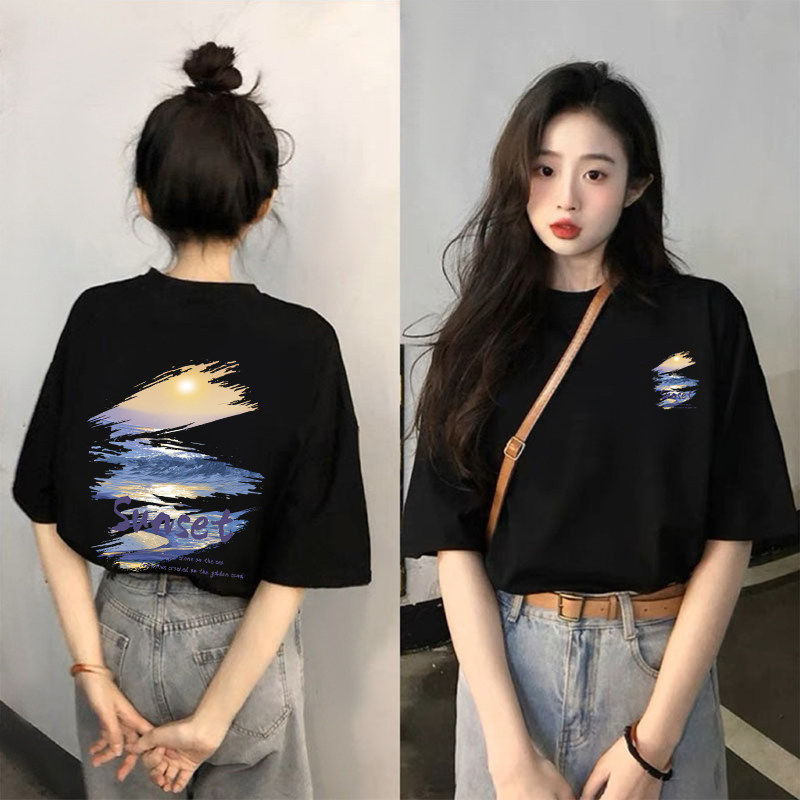 纯棉黑色短袖t恤女2026新款爆款夏季设计感小众上衣宽松大码体恤