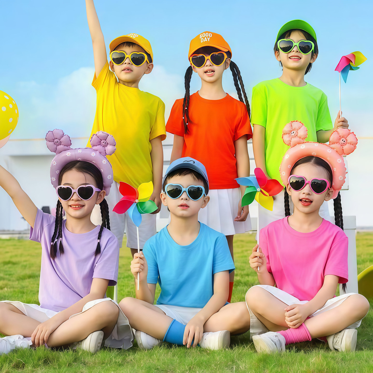 纯棉糖果多巴胺儿童短袖t恤男童女童夏季纯色六一幼儿园毕业班服T