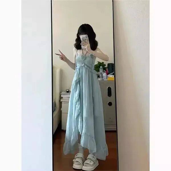 绿挂脖无袖连衣裙子女202