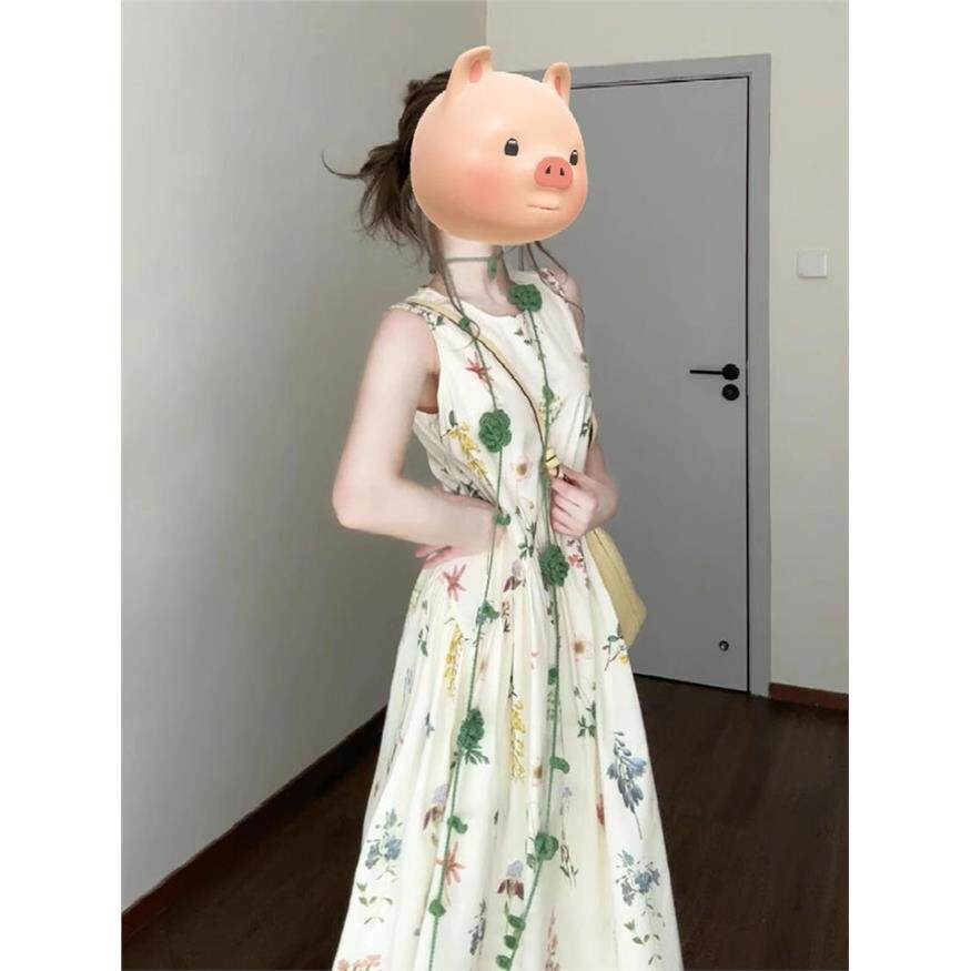 感法式无袖背心碎花连衣