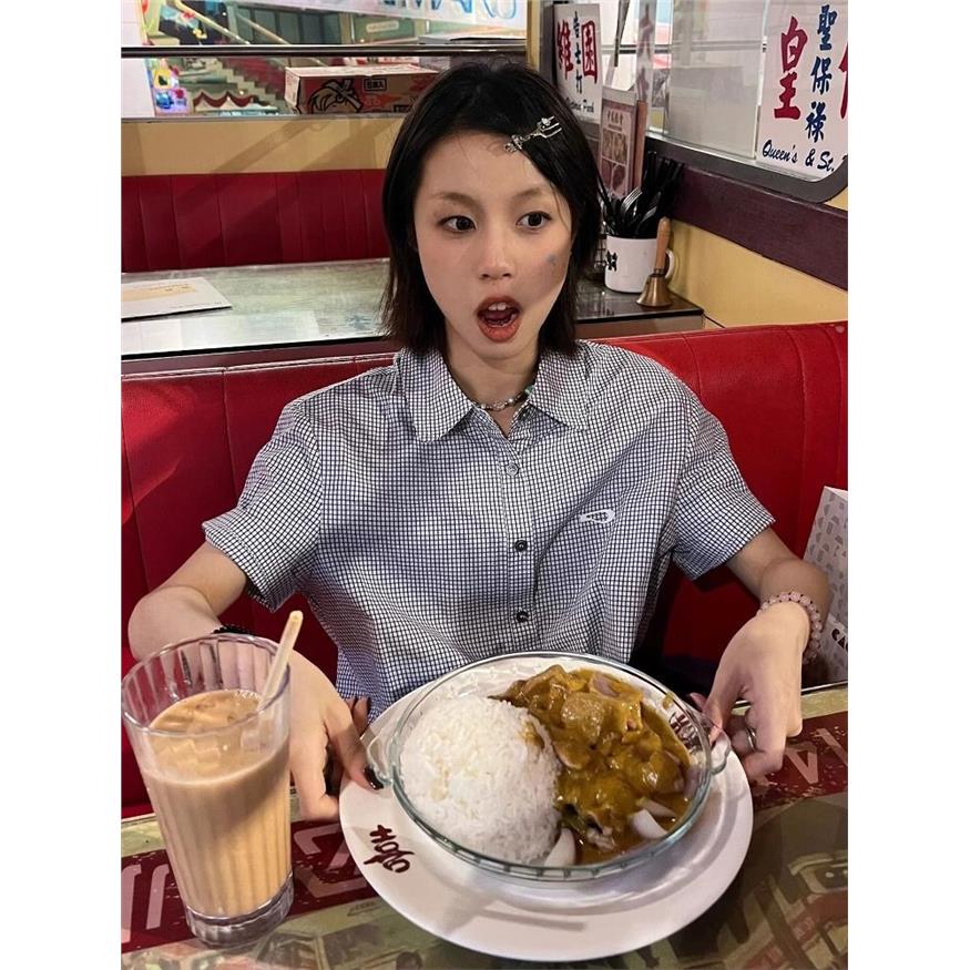 蓝色格子短袖衬衫女2025