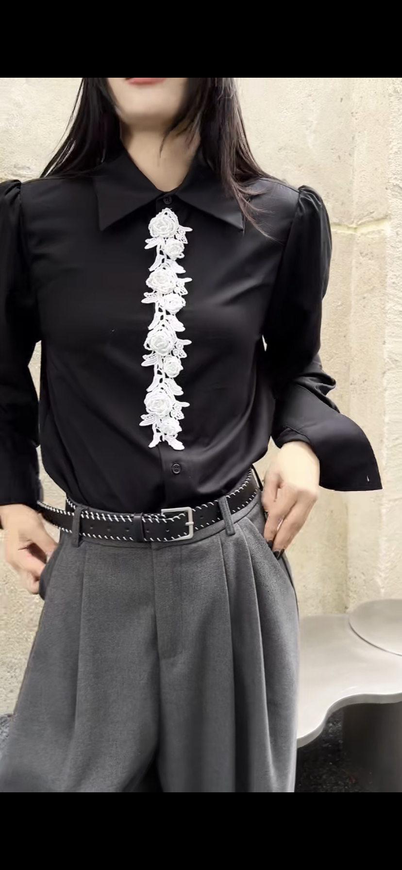 三品2026秋季新款女装黑色长衬衫