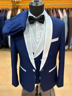 深蓝色三件套西装 爆款 婚礼男士 修身 喏誉 Men 商务休闲西装 Suit时尚