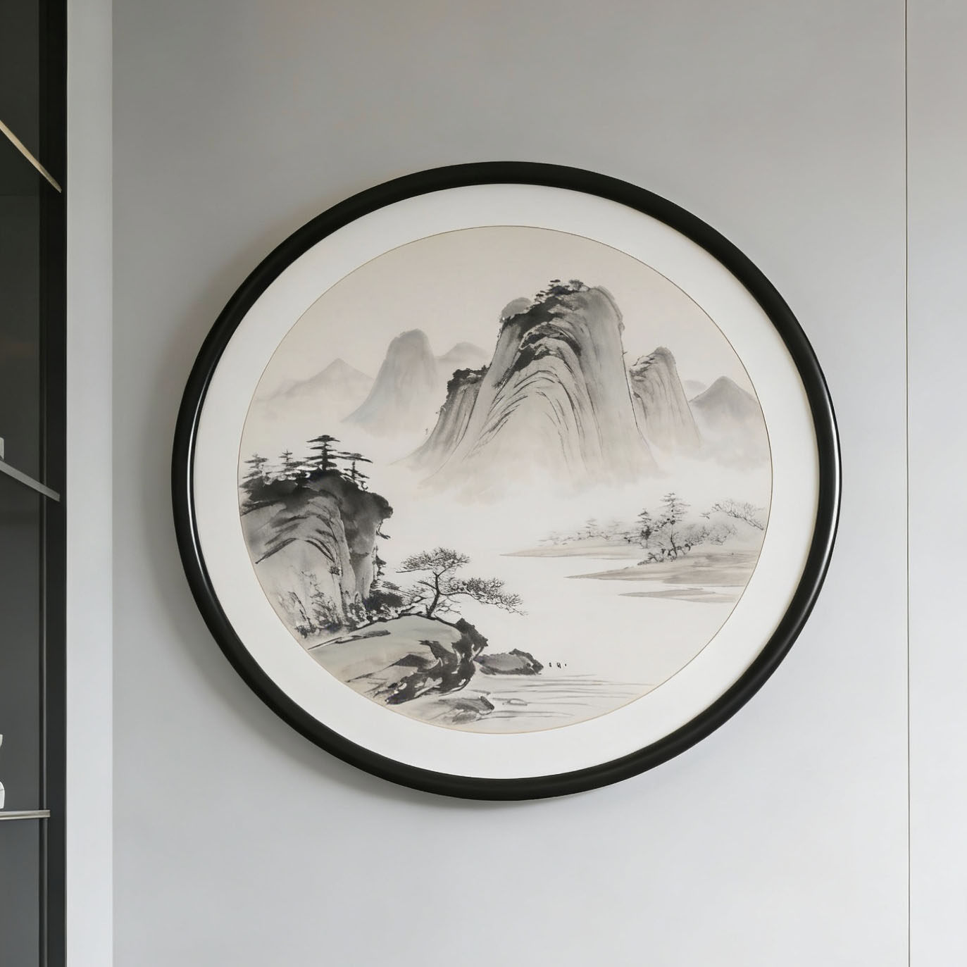 新中式实木圆形相框客厅挂墙装饰山水画玄关水墨画十字绣装裱外框