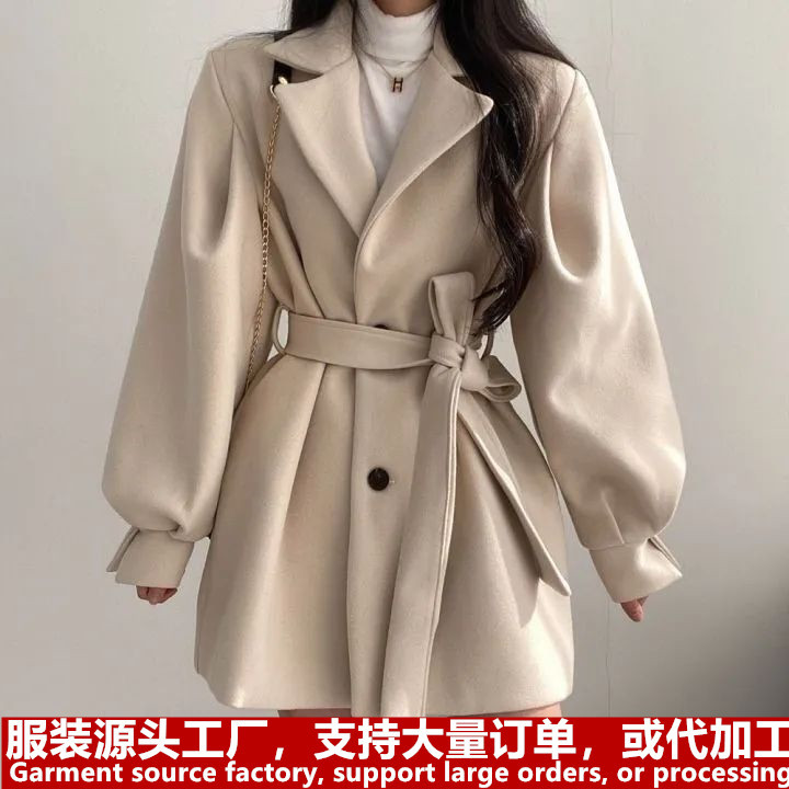 韩版Chic秋冬宽松风大衣女呢子西装领中长款小个子毛呢外套女