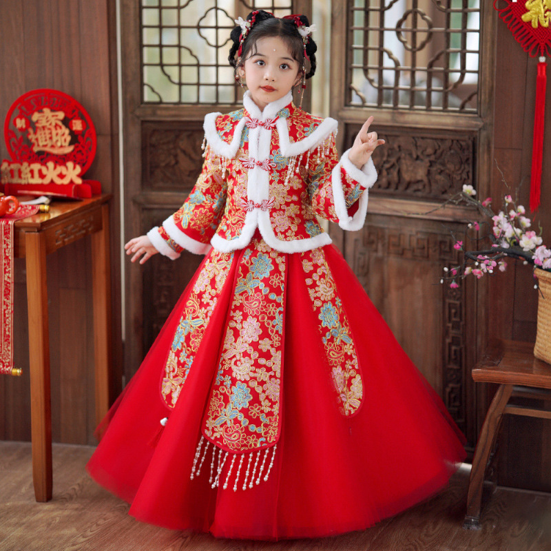 汉服女童冬季连衣裙2024新款国风儿童加绒裙子女孩古风唐装拜年服