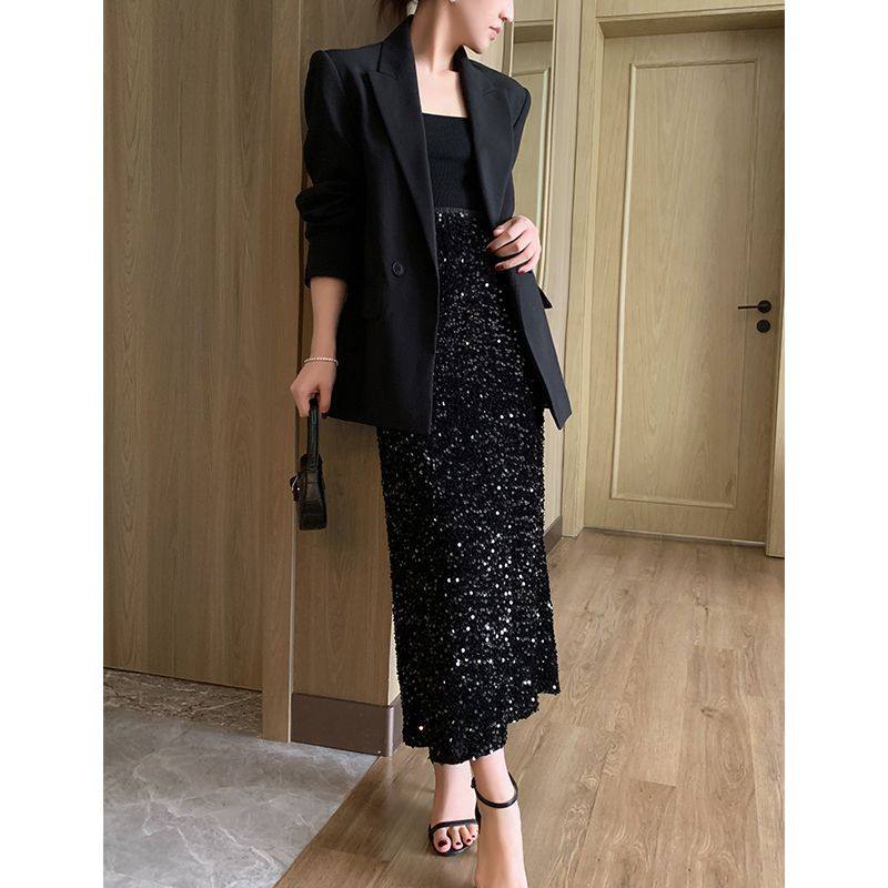 黑色亮片开叉半身裙女秋冬季2025新款法式高腰显瘦a字中长款裙子