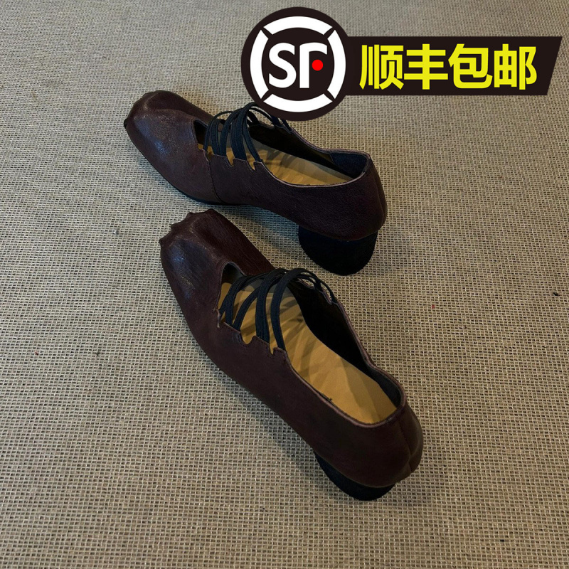羊皮~复古粗跟交叉带玛丽珍鞋女