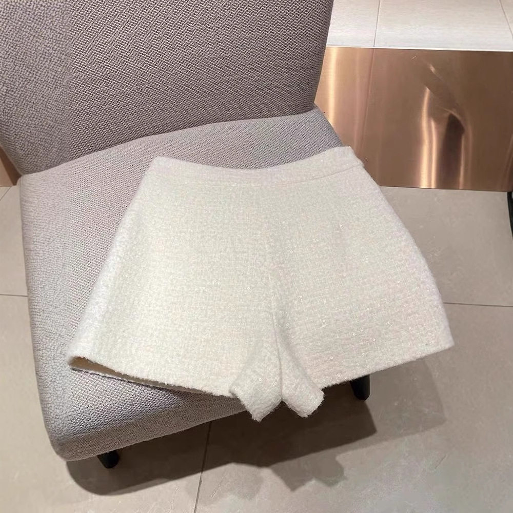 毛呢小香风短裤女2025秋冬款高腰阔腿裤白色亮片粗花呢休闲短裤
