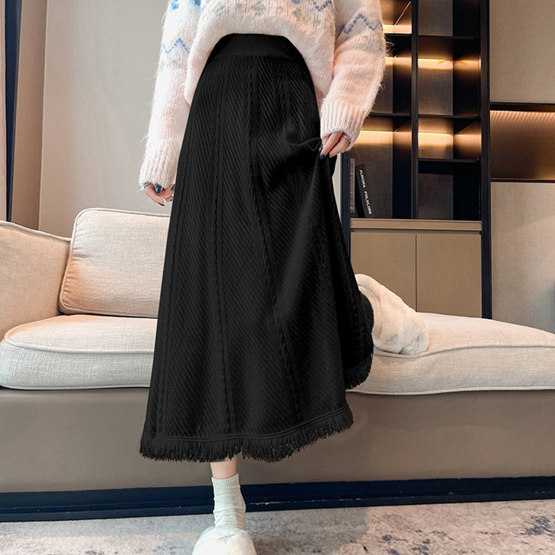 白色流苏针织半身裙女2025秋冬新款高腰显瘦中长款a字大摆伞裙潮