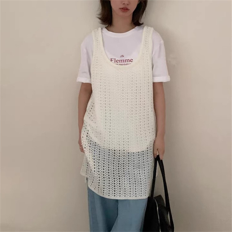 年春夏背心式镂空休闲针织马甲裙叠穿宽松侧开叉中长款罩衫女