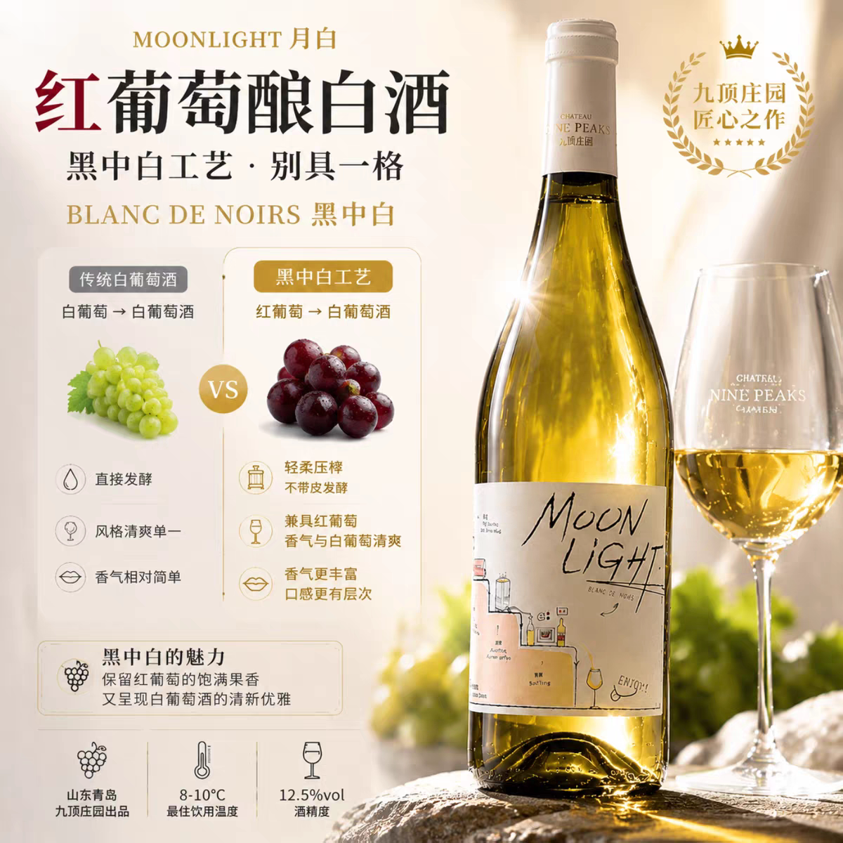 月白国产葡萄酒山东青岛九顶庄园月白葡萄酒12.5度轻盈干白黑中白