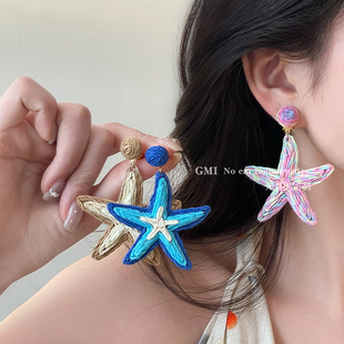 草编海星无耳洞耳夹女士度假风海边沙滩夸张绝美耳环旅游拍照耳饰