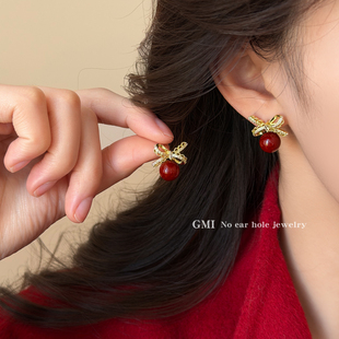 新年红色珍珠蝴蝶结无耳洞耳夹女轻奢小众高级感耳环秋冬气质耳饰