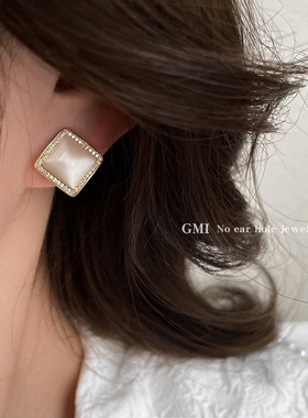 GMI方形猫眼石无耳洞耳夹女轻奢高级感小众耳饰秋冬复古气质耳环