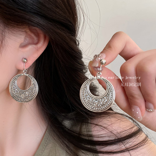 民族风大圆环无耳洞耳夹女士复古夸张耳环度假异域旅拍蚊香盘耳饰