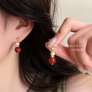 新年红色玛瑙珍珠无耳洞耳夹女复古宫廷风耳环轻奢高级感气质耳饰