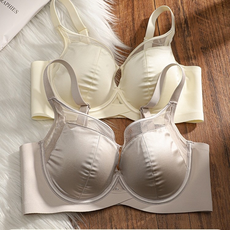 缎面性感内衣女大胸显小薄款收副乳防下垂调整型软钢圈文胸罩套装