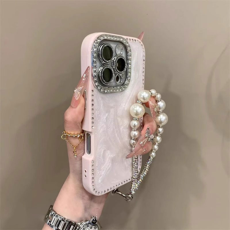 超好看奶油镶钻带珍珠挂绳适用苹果iPhone16promax手机壳15新款2025爆款14高级13网红12女全包Pro防摔promax