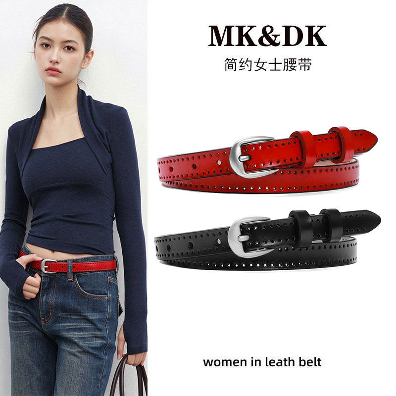 复古真皮红色细腰带女简约百搭