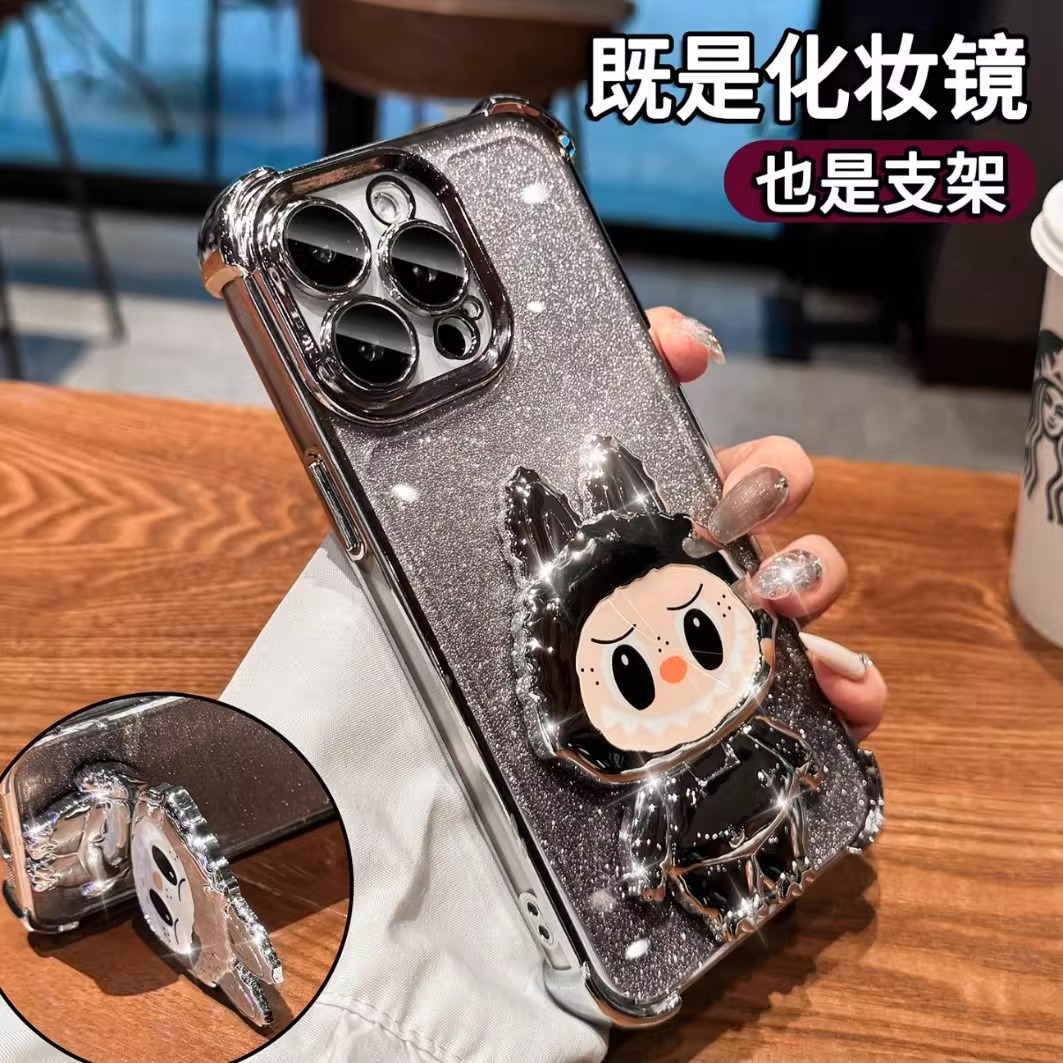 高级感拉布布适用苹果16promax手机壳iPhone15新款支架14plus带补妆镜子13可爱女生12保护套11全包xs四角防摔