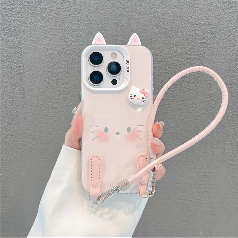彩银kitty猫耳朵磨砂适用苹果16promax手机壳iPhone15创意可爱挂绳14Pro全包防丢plus手机套卡通防