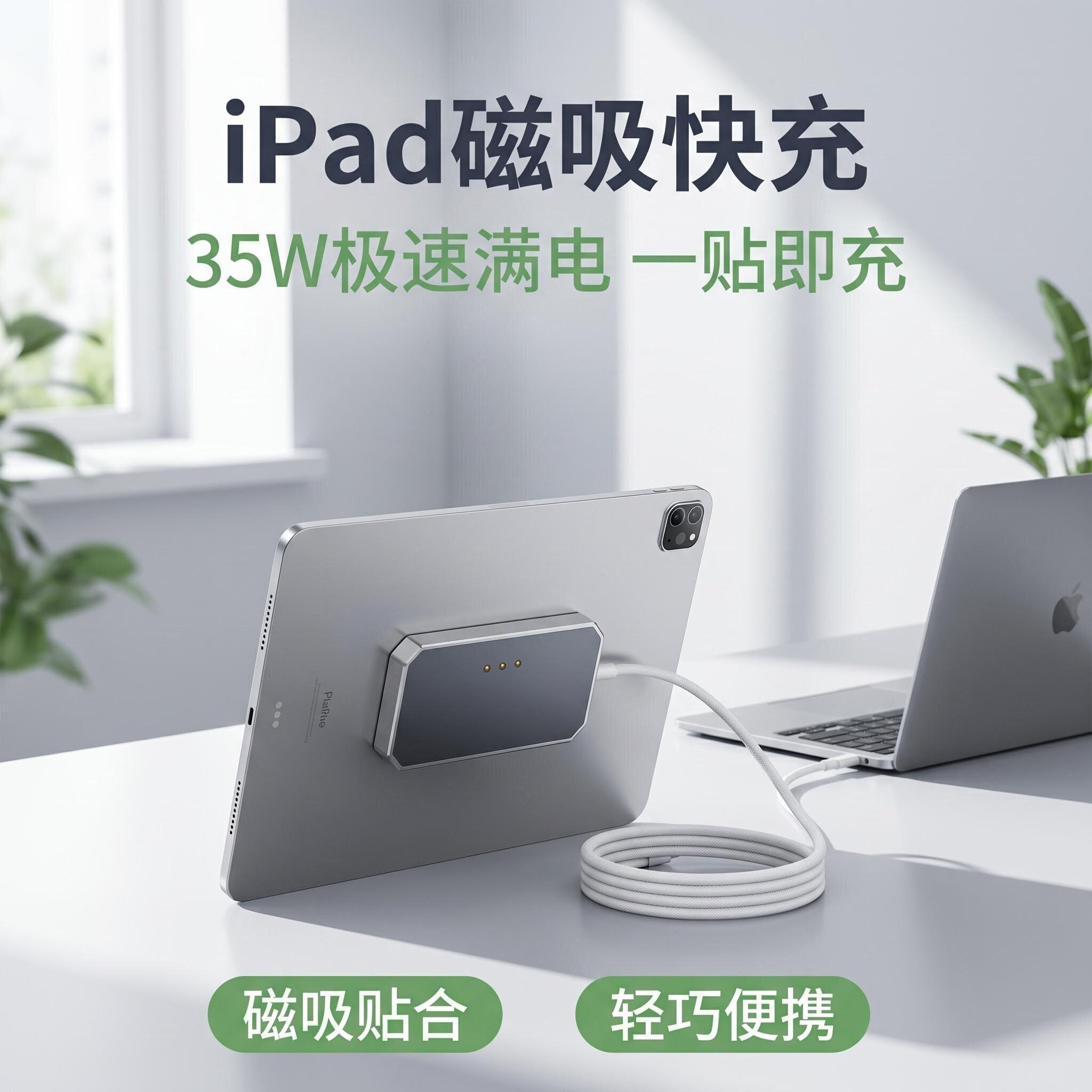 辛桔魔适用苹果平板ipad充电线磁吸触点无线充电器Air5/6/4 Pro M4/M5 11/13寸18W35W快充typec铝合金2米编织