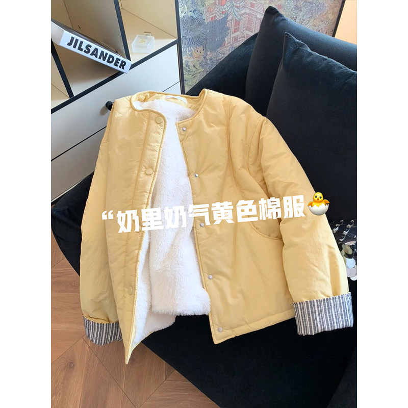 奶黄色圆领加绒加厚面包服女秋冬小个子宽松短款棉服棉袄