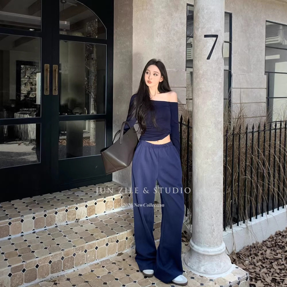 美式辣妹套装春装气质斜肩长袖T恤上衣高腰直筒休闲长裤子卫裤女