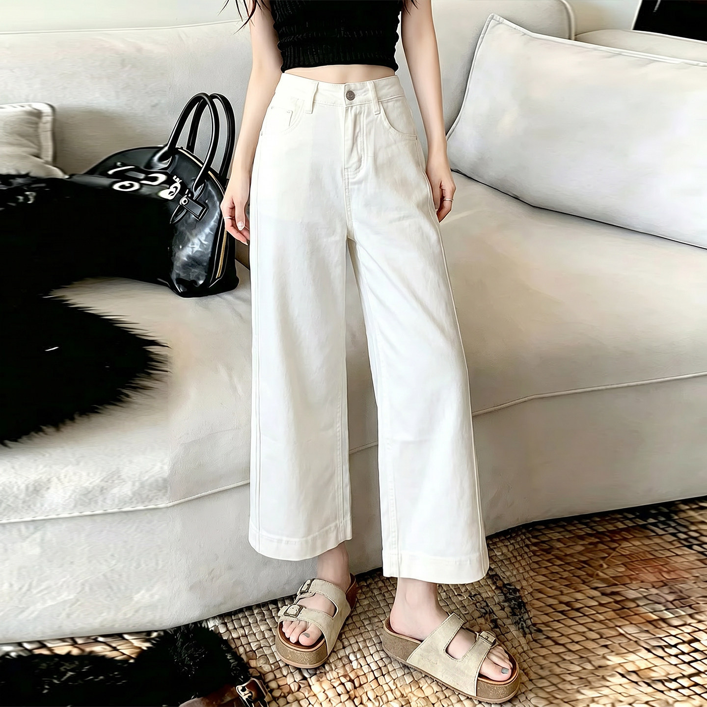 极简高腰阔腿裤女2026秋季小个子九分牛仔裤时尚百搭显瘦直筒裤子