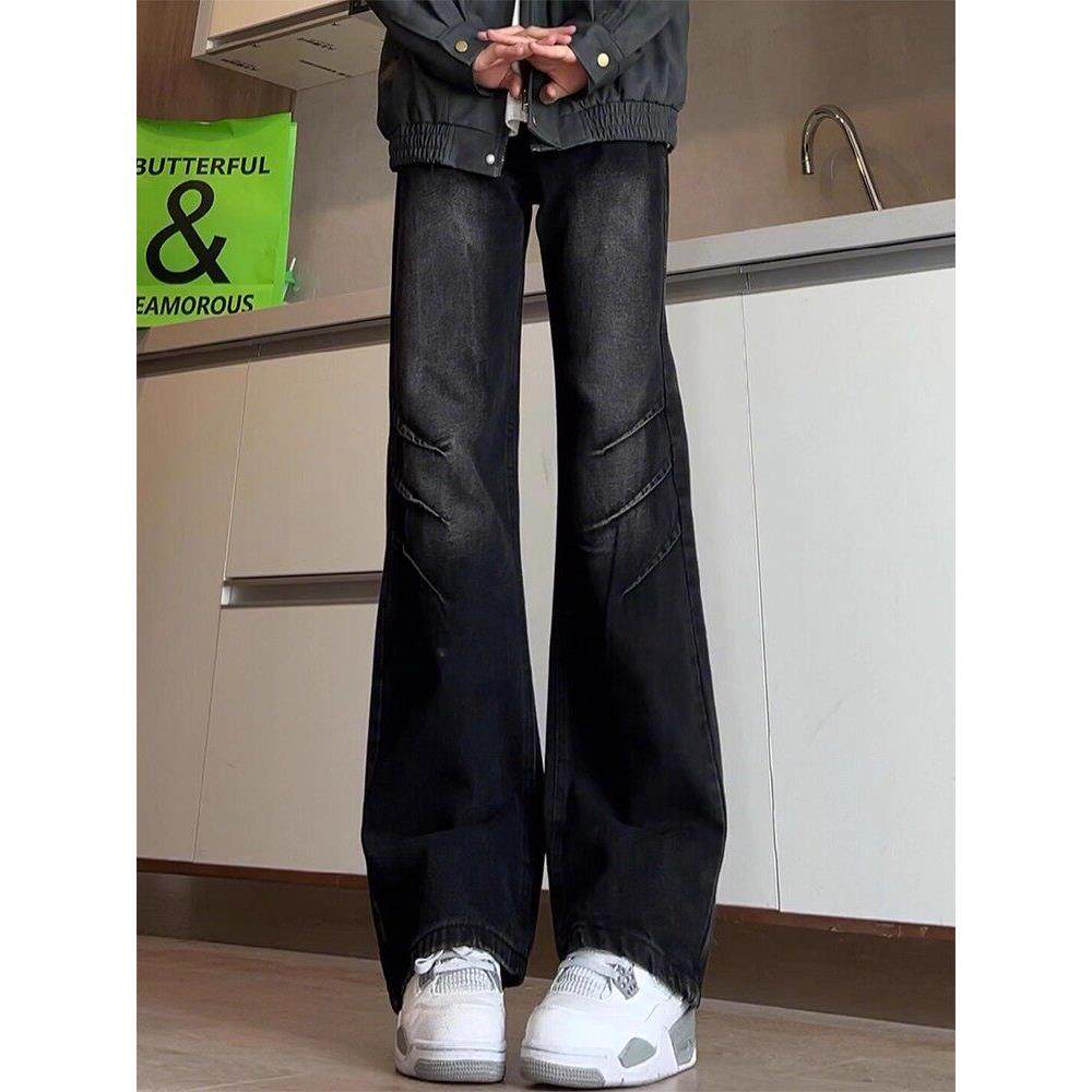 黑色褶皱弯刀牛仔裤男款美式高街vibe裤子水洗覆古修身直筒微喇裤