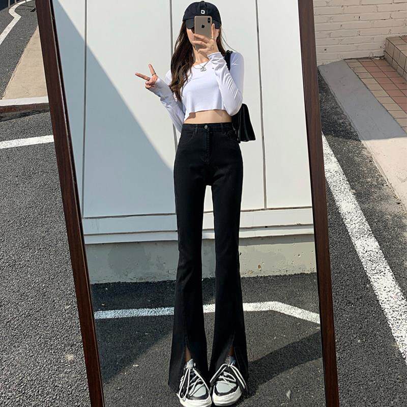 黑色微喇开叉牛仔裤女2025年新款拖地鱼尾裤高腰显瘦直筒喇叭裤子