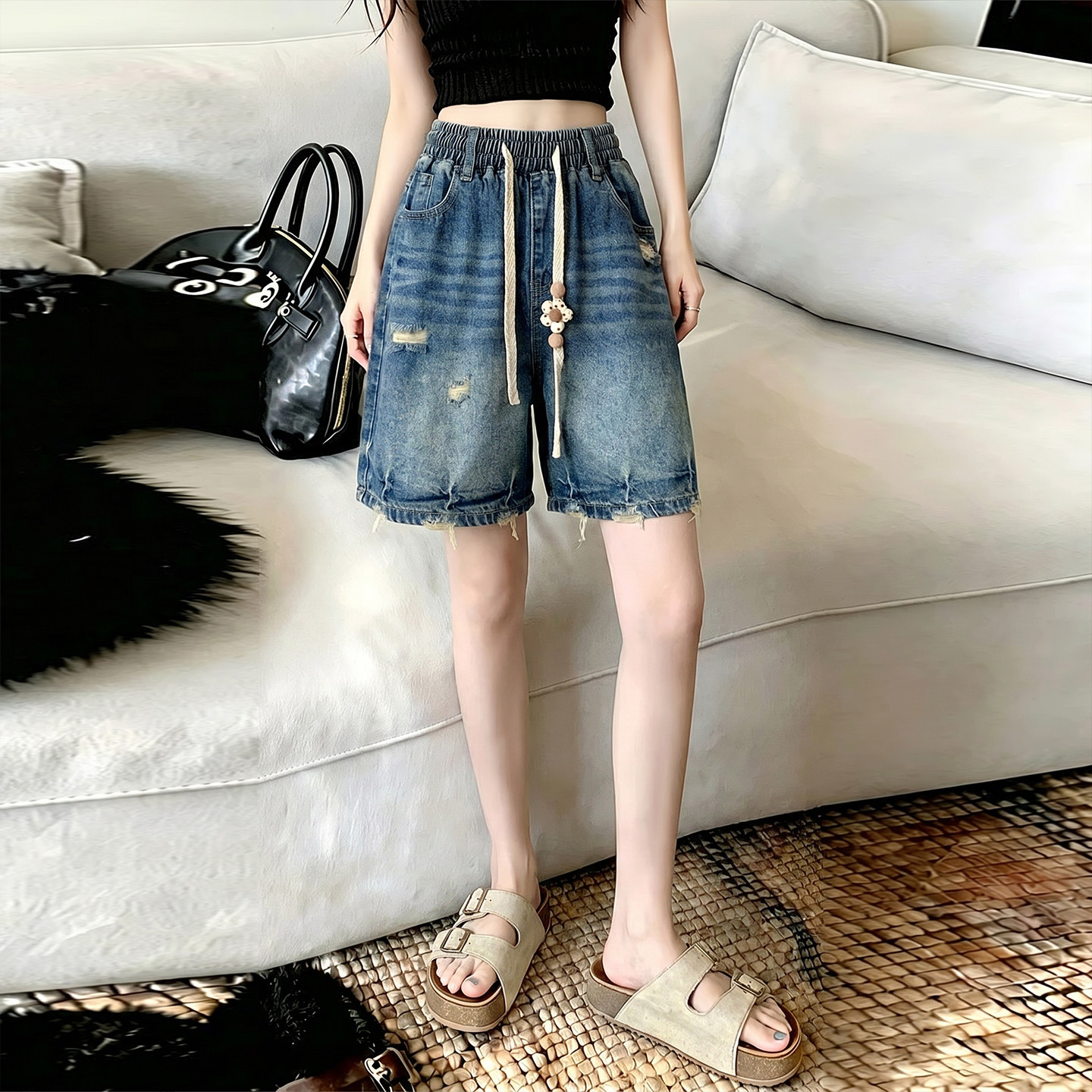 高腰破洞牛仔短裤女2026夏季新款抽绳宽松显瘦水洗毛边直筒中裤潮