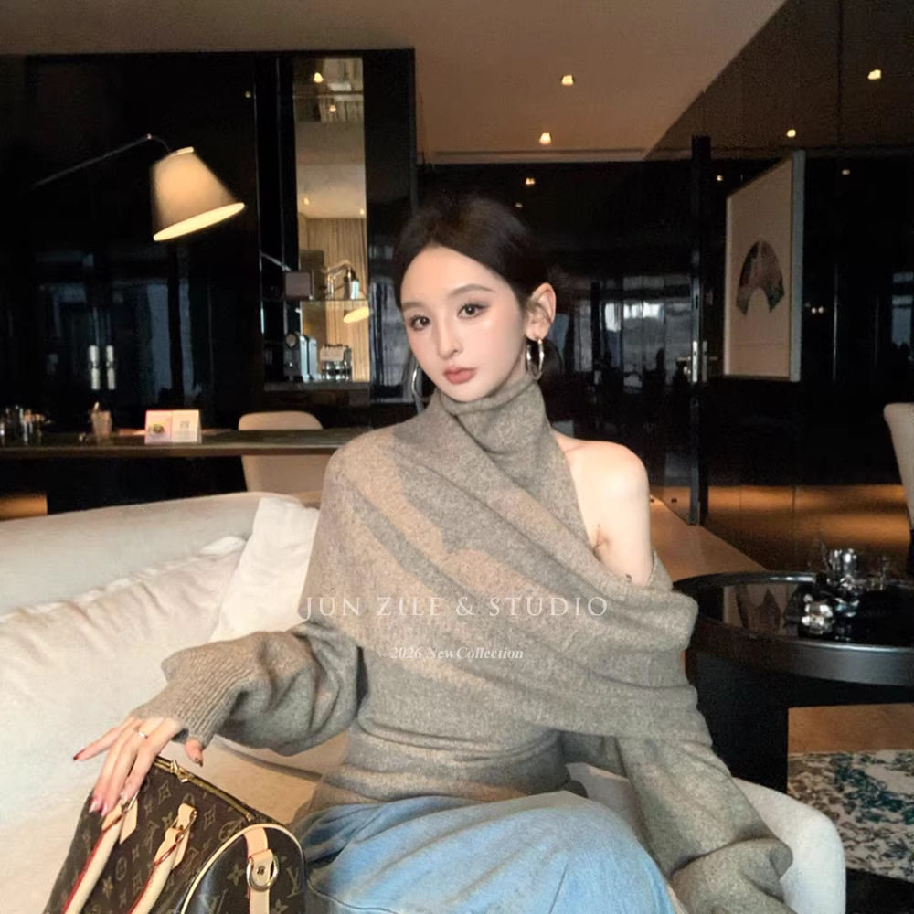 上衣套装两件套洋气设计感高领背心春季叠穿一字肩针织毛衣披肩女