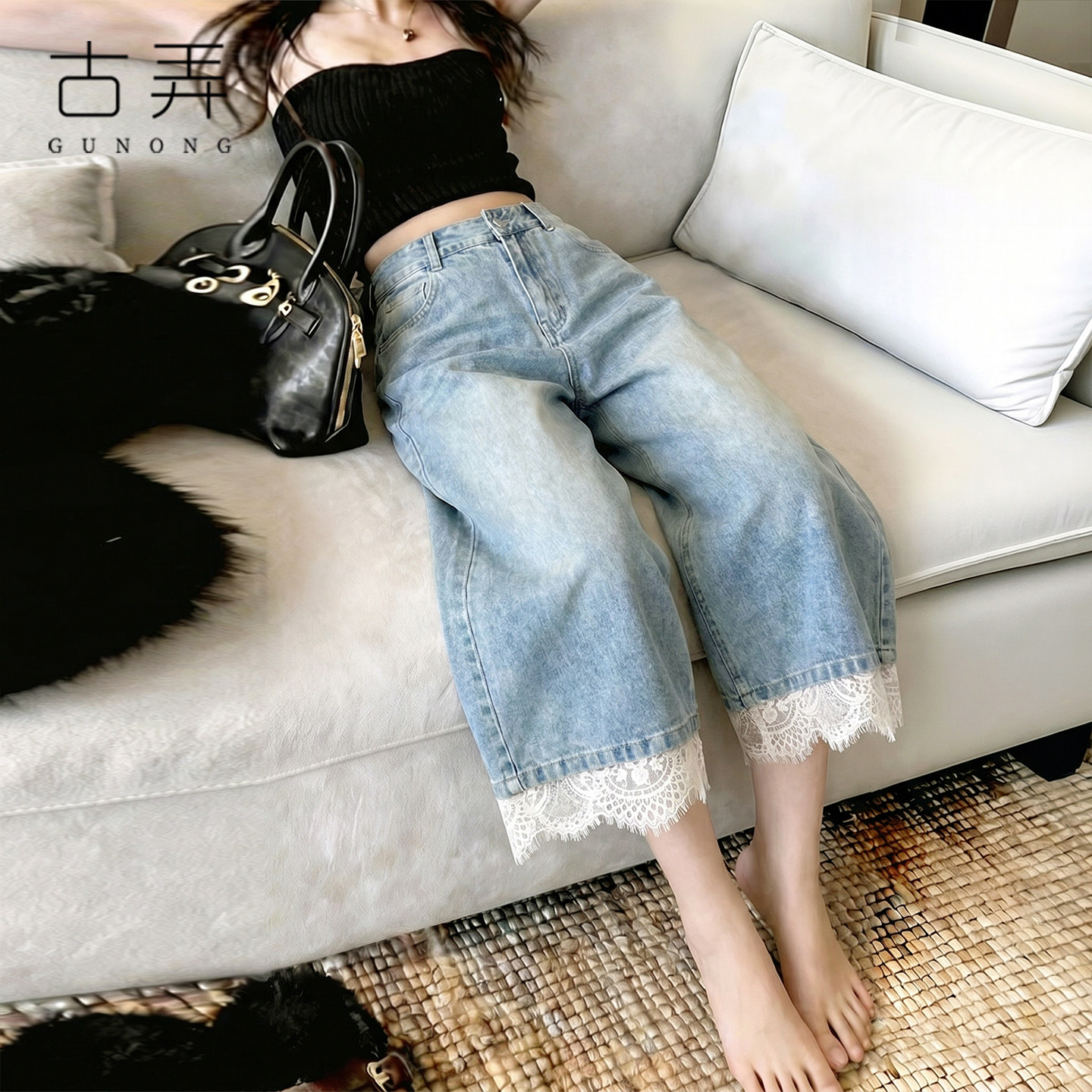 蕾丝拼接七分浅色牛仔裤女2026高腰阔腿夏季薄款直筒宽松显瘦中裤